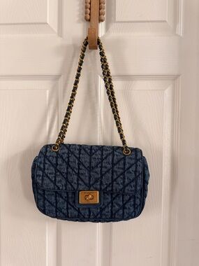 Karl Lagerfeld Quilted Denim Shoulder Bag with Chain Strap - Navy